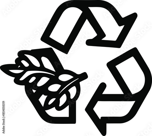 Thick black line art recycle symbol with leaf element, white background, sustainability icon style 3