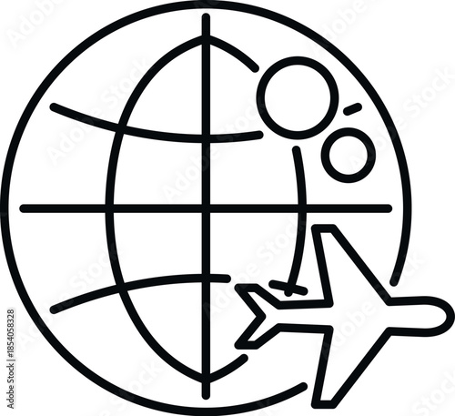 Airplane flying around a world globe, symbolizing international travel and flight