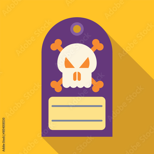 Scary skull and crossbones icon on a purple tag with space for text, casting a long shadow