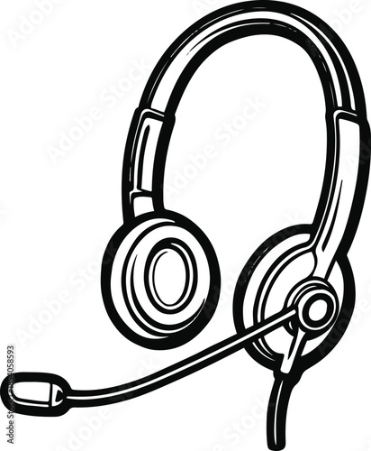 Bold black line art illustration of call center headset, white background, service support icon 1.