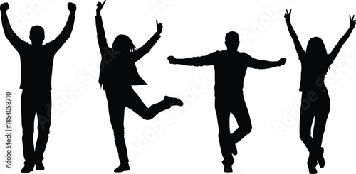 Active People Silhouettes Set with Happy Men and Women Jumping Celebrating Success and Dancing in Energetic Poses for Joyous Lifestyle (20 words)