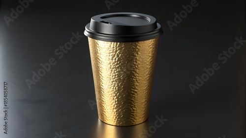 Gold textured metallic coffee cup with black lid on black background.

