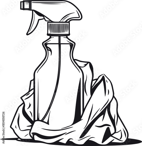 Bold black line art illustration of cleaning spray bottle with cloth, white background, thick clean outlines, flat minimal style, no shading, vector-ready 3