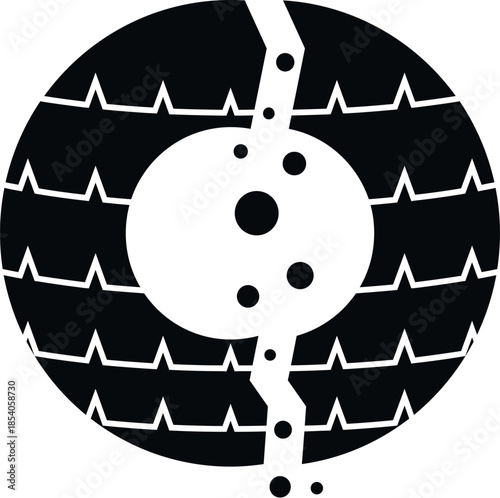 Car tire with a crack and holes symbolizing damage or a flat