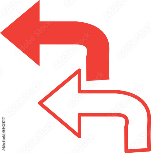 A red and white curved arrow pointing in a backward direction
