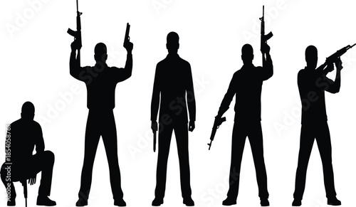 Armed men silhouettes holding guns and rifles, soldiers or security team in tactical poses, military cad drawing flat vector illustration. (20 words)
