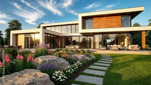 Modern luxury house exterior with extensive landscaping, large windows, stone pathway, and vibrant flower garden under a dramatic sunset sky