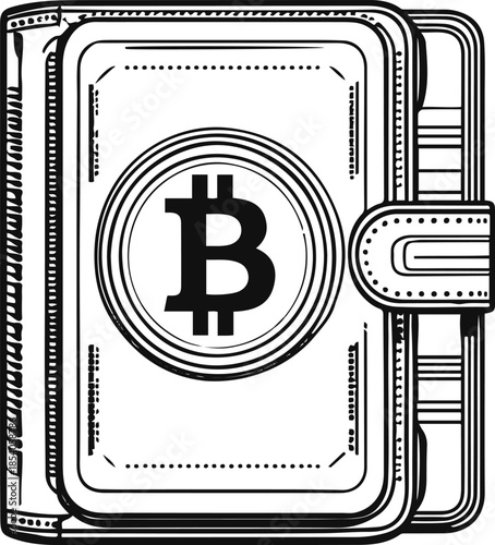 Bold black line art illustration of digital wallet with coin symbol, white background, crypto finance concept 1