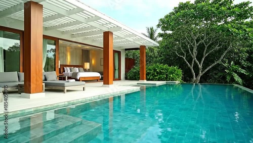 Luxury tropical villa with private infinity pool, modern architecture, outdoor lounge area, and lush green surroundings at sunset or daytime