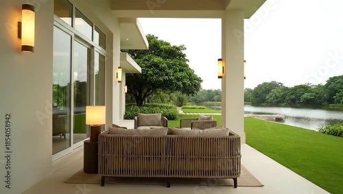 Modern luxury outdoor patio with woven sofa set, stylish wall sconces, and a serene view of a lake and lush green garden