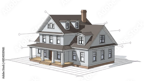 Detailed architectural illustration of a two-story house with a brown roof and gray walls, showcasing the design and layout.