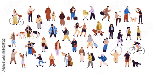 Tiny people set. Crowd of many men and women walking outdoors. Diverse characters stroll dogs, do sport, play music, skateboarding and cycling. Flat isolated vector illustrations on white background.