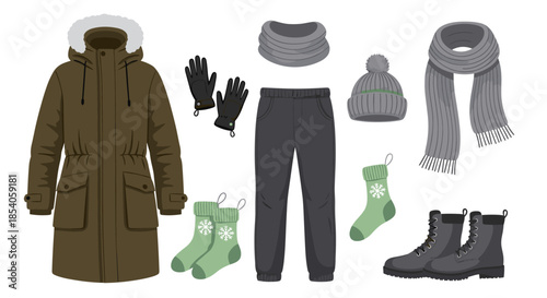 Comprehensive set of winter clothing items like a warm parka boots scarf gloves and a hat in neutral gray and green tones.