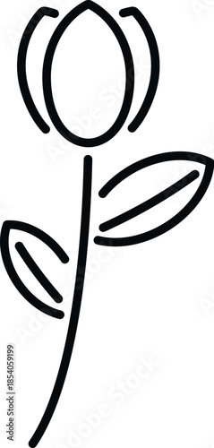 Minimalist black outline drawing of a tulip plant with stem and leaves