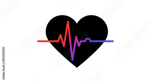 Black heart silhouette features a vibrant rainbow colored heartbeat pulse line running through the center of it.