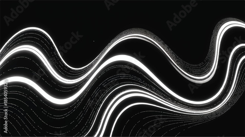 Abstract white wavy lines flowing across a black background from a frontal viewpoint