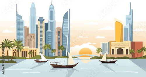 Modern City Skyline Illustration with Traditional Boats, Palm Trees, and Sunset over Water