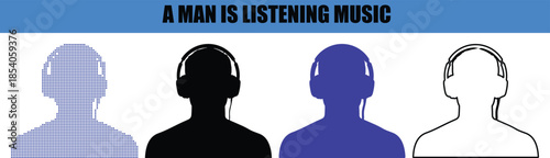Man Listening to Music with Headphones Silhouette Illustration in Minimal Black and White Style. Male Person Wearing Headphones Line Art Outline Vector Illustration for Music Concept
