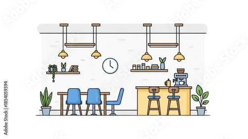 Modern coffee shop interior with tables, chairs, and counter from a frontal viewpoint