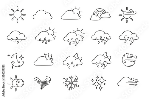 Set of weather of today doodle hand drawn vector illustrations