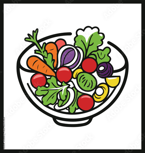 Fresh Salad Delight: A vibrant illustration showcases a healthy salad bowl brimming with colorful vegetables and fresh ingredients, perfect for a nutritious meal.