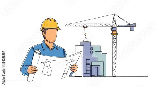 Engineer inspecting construction site with crane and buildings in the background