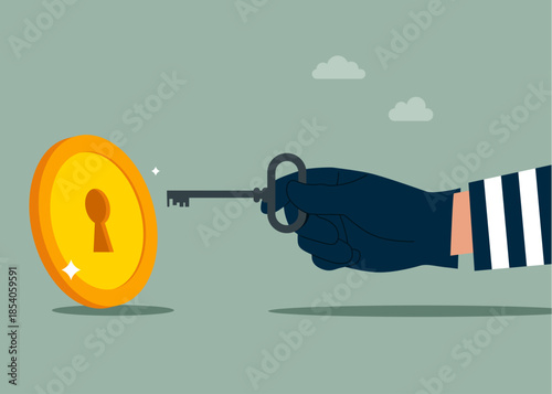 Robber holding golden key to unlock coin keyhole. Modern vector illustration in flat style