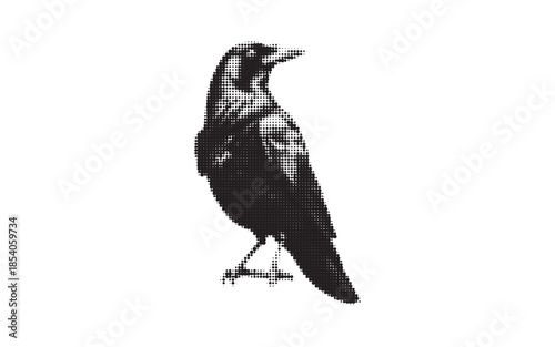 Vintage crow silhouette. Gothic symbol of mystery, wisdom. Surreal eerie dark bird sticker with dot texture.