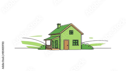 Simple green house with a porch and chimney in a serene landscape viewed from the front