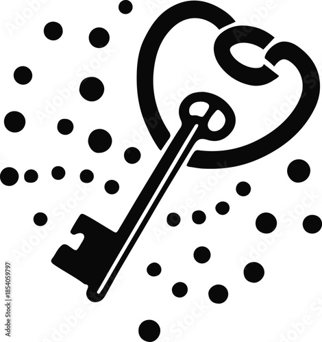 Key to the Heart: A symbolic key, heart-shaped, unlock the emotions and love, opening doors to affection and compassion. Surrounded by a gentle scattering of abstract shapes.