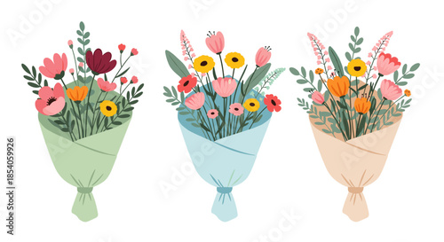 Three beautiful bouquets of various spring flowers wrapped in pastel colored paper isolated on a white background for gift themes.