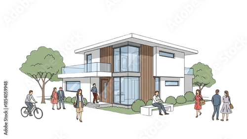 Modern house exterior with people walking and socializing near a contemporary building with trees in the foreground