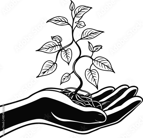 Nurturing Growth: An artistic illustration depicts a hand cradling a young plant, symbolizing care and the beginning of new life.