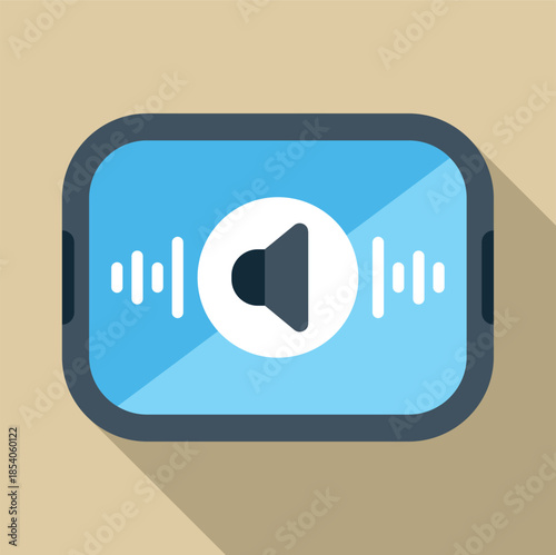 Tablet computer displaying a speaker icon with sound waves for audio playback