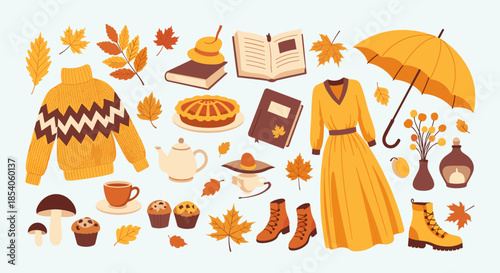 Wide variety of autumn elements including a sweater, umbrella, boots, books, pie, and fallen leaves arranged on a plain light background.