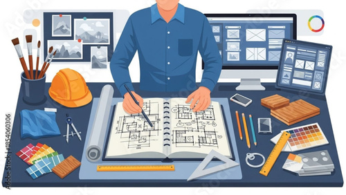 Engineer working on architectural design plans at a cluttered desk with various tools and computer screens
