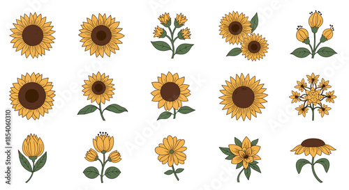 Comprehensive collection of sunflower illustrations and icons in various stages of bloom and arrangements isolated on white background.