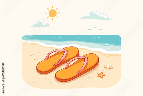 Flat Vector Illustration of Orange Flip Flops on Sandy Beach with Sea, Sun and Minimal Summer Vacation Scene