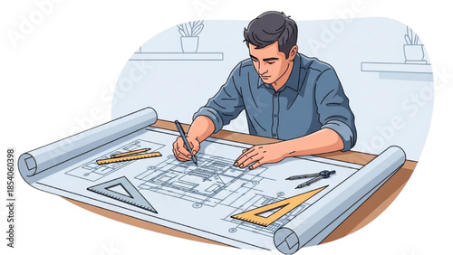 A man is drawing architectural plans on a large sheet of paper at his desk
