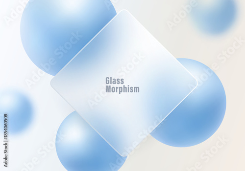 Light abstract background in glass morphism style with matte diamond panel and soft blue spheres on light gradient surface.