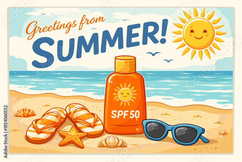 Greeting card from the beach! Background: golden sand, sea, palm leaf on the left, blue sky with clouds. On the right — a large cute sun with a smile, rays, and sparkles.