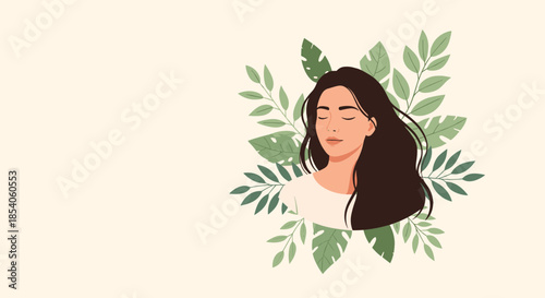 Beautiful young woman with long dark hair rests her eyes in a peaceful moment surrounded by lush green tropical leaves.