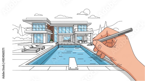 Hand drawing modern house with swimming pool illustration