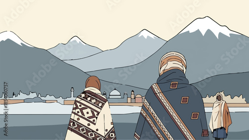 People in patterned shawls looking at distant town and mountain lake landscape