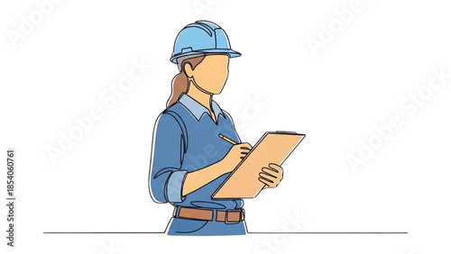 Female engineer reviewing construction plans on clipboard while wearing hard hat