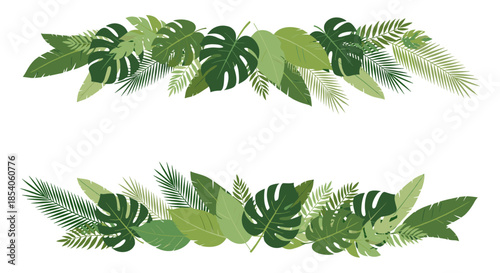 Decorative borders made of lush green tropical leaves like monstera and palm fronds ideal for summer themed designs.
