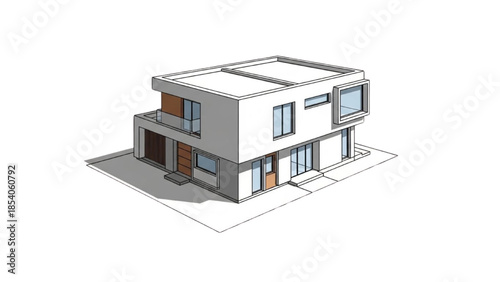 Modern two-story house with gray and white exterior, orange accents, and sleek design viewed from an isometric perspective.