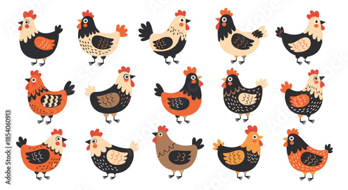 Large set of diverse hand drawn chickens and roosters in various colors and patterns isolated on a white background.
