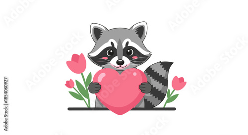 Cute cartoon raccoon peeks over a line holding a large pink heart surrounded by blooming tulip flowers on a white background.