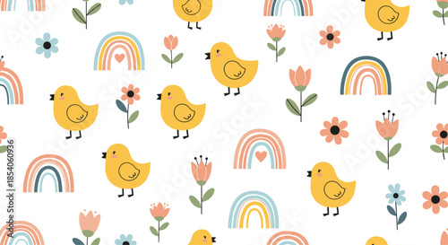 Cheerful seamless pattern with small yellow chicks, colorful rainbows, and various flowers in a cute hand drawn style.